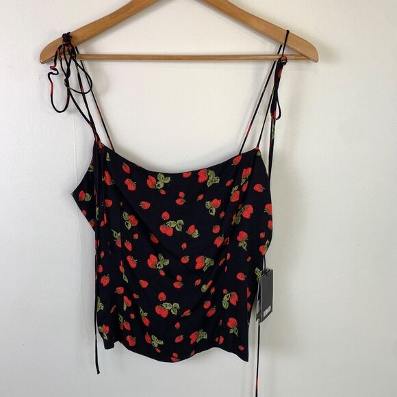 REFORMATION Lily Strawberry Square Neck Black 12 M L Strappy Tie Top Tank Print - Picture 2 of 8